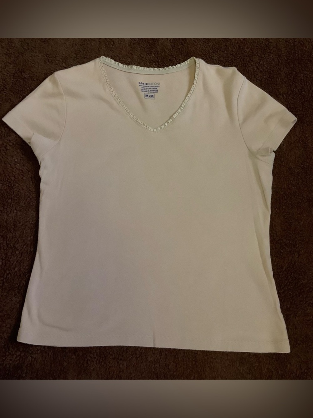 Basic Editions V-Neck Shirt Top-Tan Beige-Short Sleeve-100% Cotton-Medium